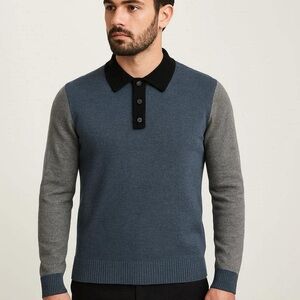 Blue and Gray Polo Sweater with Classic Knit Design. Marino wool. Size M.